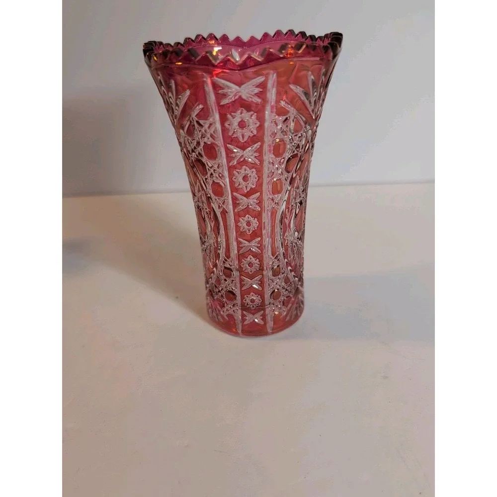 Crystal D'Arques Ruby‎ Kiriko Vase Cut Glass Decorative Base Used